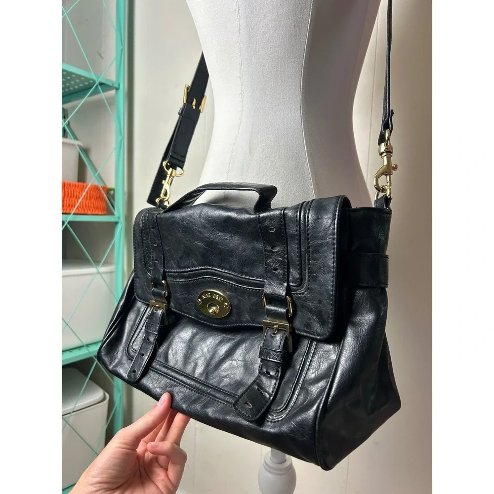 Nine West Black Faux Leather Satchel Crossbody Bag Gold Y2K 2000S McBling Boho